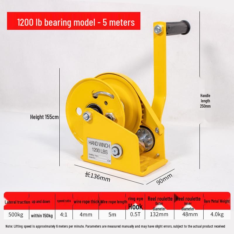 Hand Crank Winch, Two-Way Self-Locking with Brake, 800 lb Puller, High Carbon Steel Manual Winch