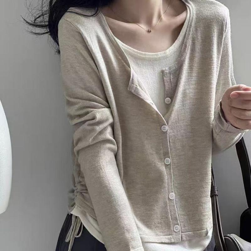 

Комплект из двух частей: полосатый вязаный свитер с имитацией длинного рукава для женщин, новый дизайн ранней осени, свободный и стройнящий, плиссированный топ на кулиске One size