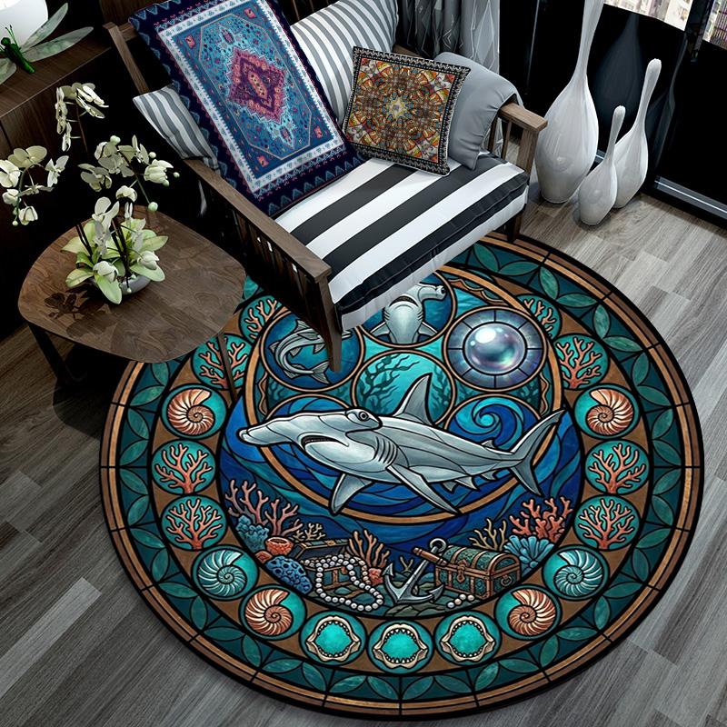Marine Life Glass Round Area Rug Under Office Chairs Bedroom Living Room Home Decor