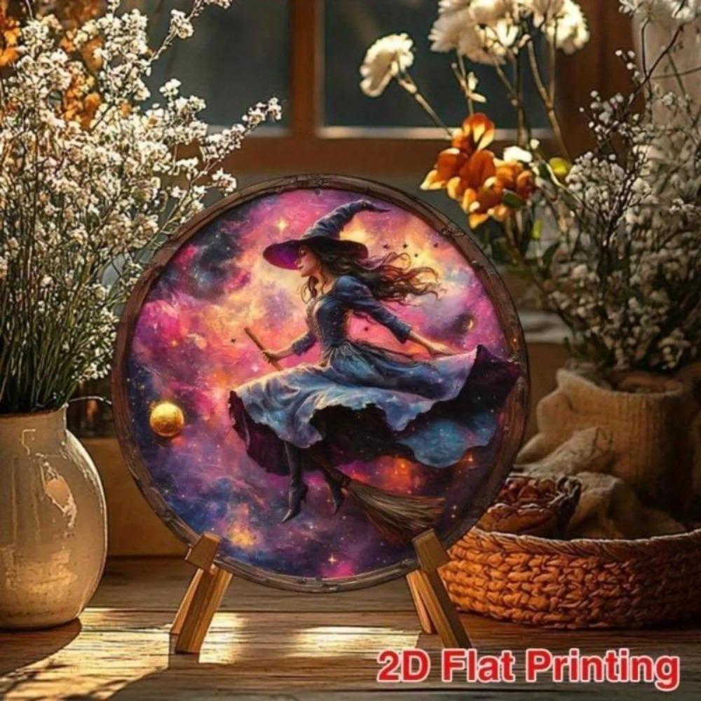 Metal Wall Art Witch on Broomstick Round Creative Waterproof Weather Resistant Hanging Decor