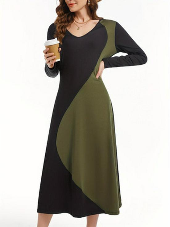 

2024 Модное платье с цветными блоками и V-образным вырезом, длинными рукавами M