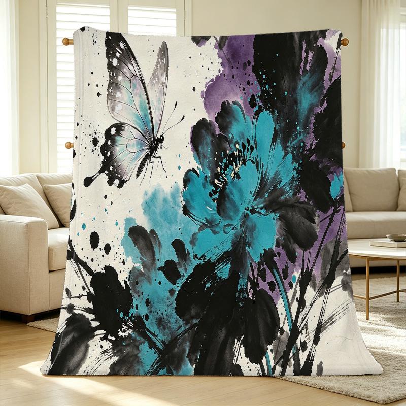 Soft Flannel Throw Blanket Lightweight, Warm Cozy, Floral Butterfly Print, Perfect for Home, Bay Window Decor, Christmas & Halloween