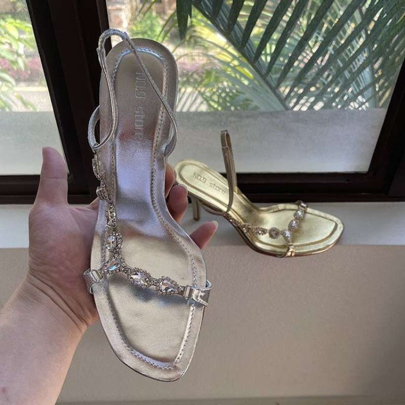 

New square head thin heel gold sandals women s rhinestone open-toe one-word strap niche high heels 39 серебряный