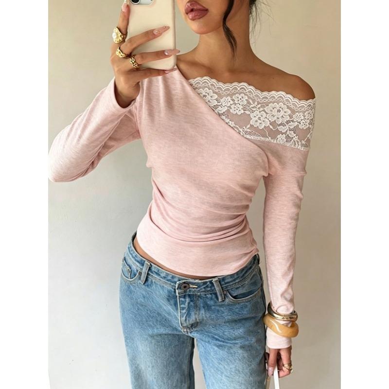 Women S French Lace Off Shoulder Long Sleeve Slim Fit T Shirt