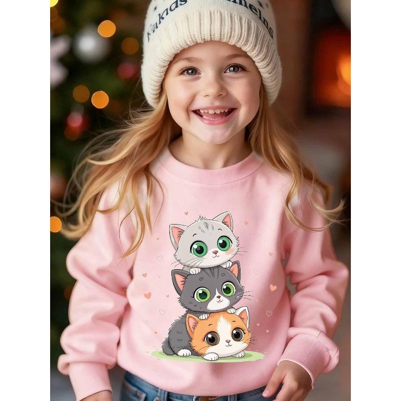 Kids Sweatshirt Autumn/Winter Fashion -Lined Sweatshirt with Loose Fit, Long Sleeves, and Prints of Three Kittens Climbing Together