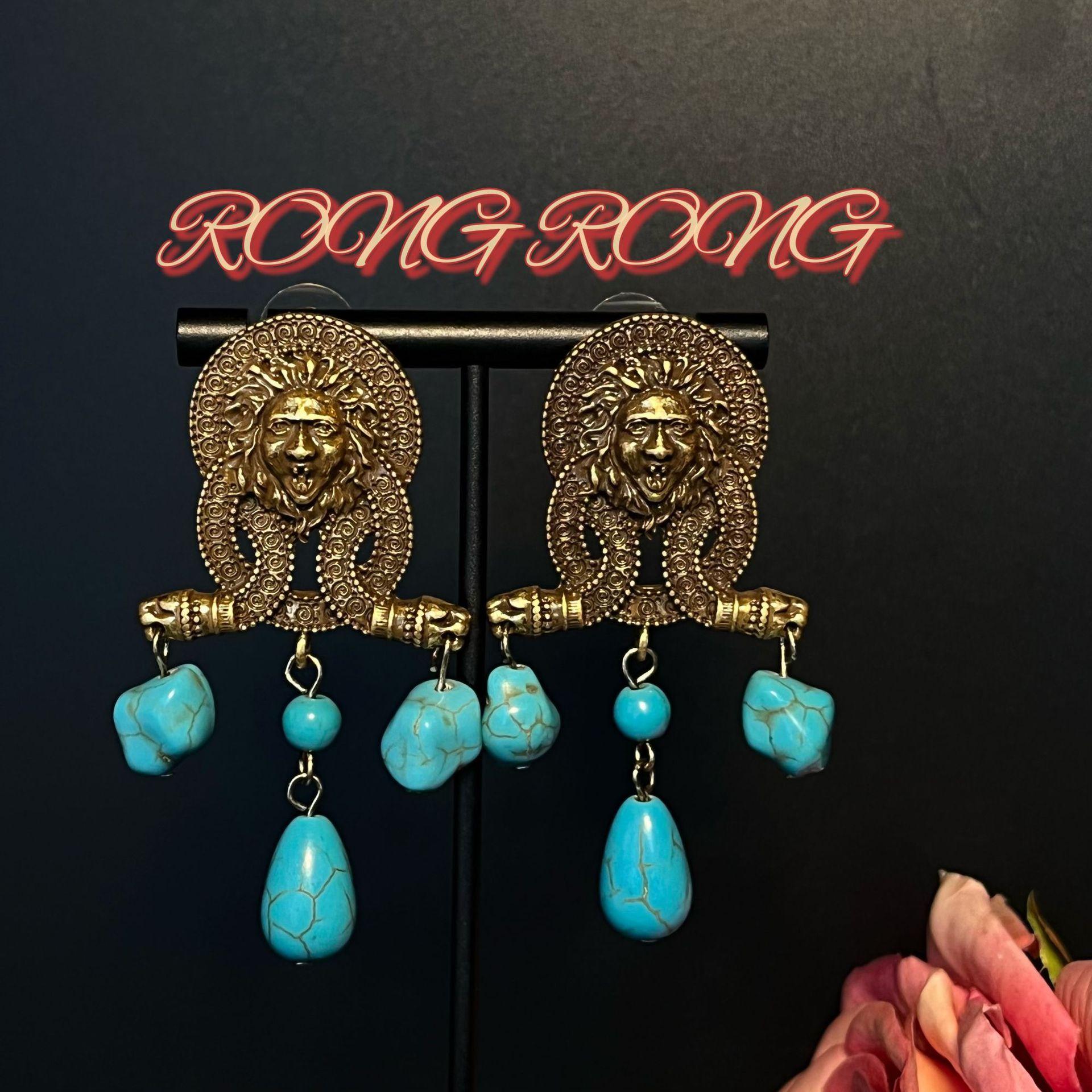 Древнеегипетские Сфинксы Бирюзовые Серьги-Подвески Тяжелая Промышленность Преувеличенный Этнический Стиль золотой