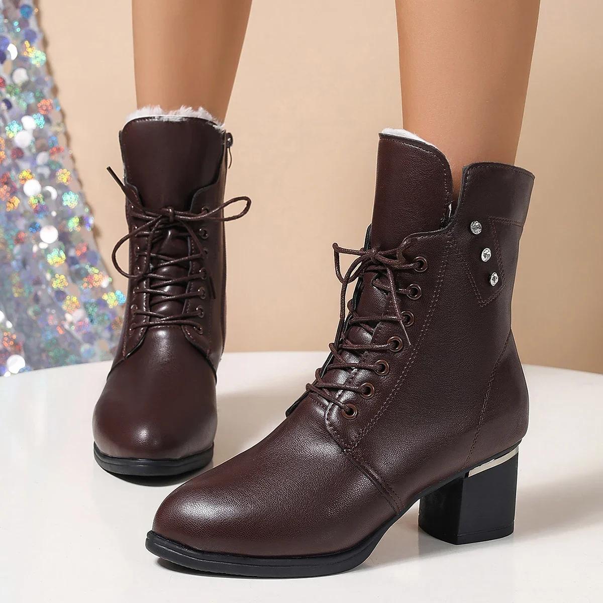 

Мода Зима 2025 Женские Высокие Каблуки Длинные Плюшевые Теплые Ботильоны Большого Размера 42 Толстый Квадратный Каблук Мотоциклетные Ботинки Комфортная Женская Обувь 35