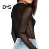 Women T-shirt Round Neck Long Sleeve Slim Fit Pullover Tops See-through Mesh Yarn Bottom Tops Daily Wear