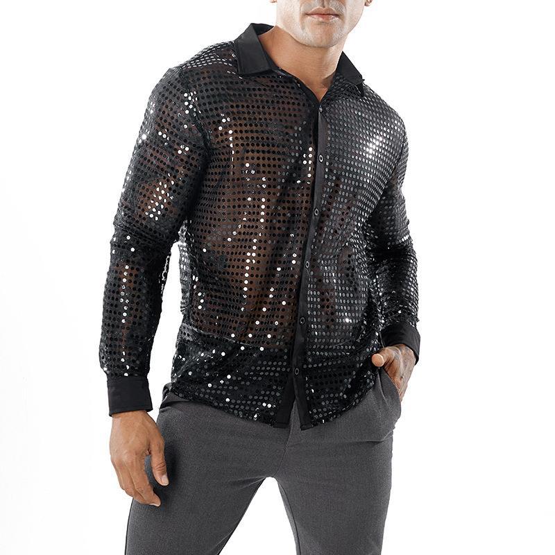 Mens Long Sleeve Performance Wear Scale Shirt Long Sleeve Collar 70s Disco Party Clothes