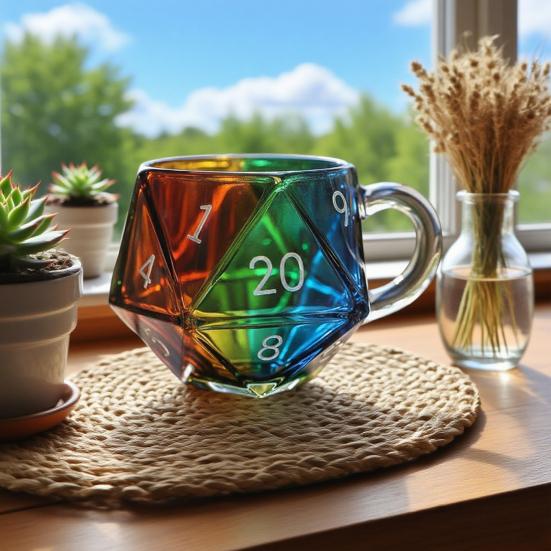 Rainbow Dice Mug Glass Tea Cup Multicolor Funny Coffee Cup Fantasy Themed Home Decor Gift for Dice Lovers
