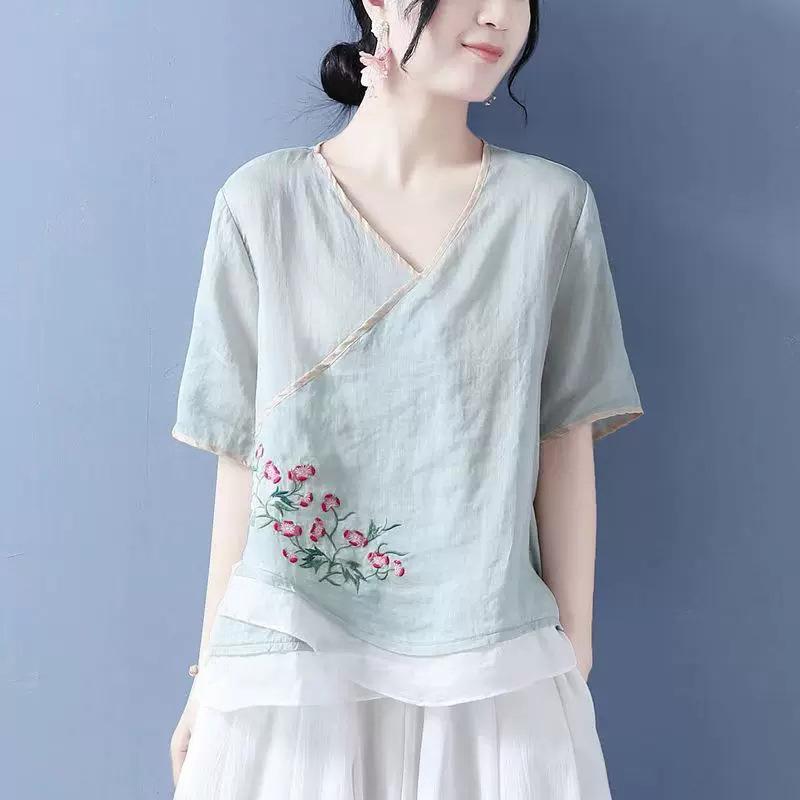 Womens Pink Floral Embroidered Linen Blouse Casual V Neck Wrap Short Sleeve Top