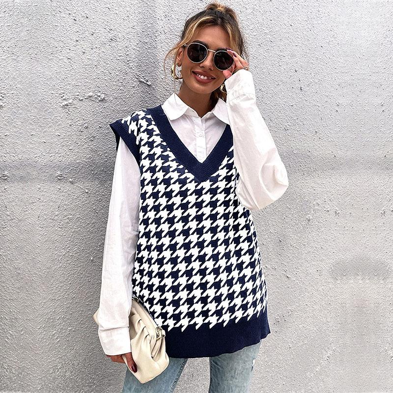 

Новый свободный вязаный жилет с V-образным вырезом для женщин на начало осени L темно-синий