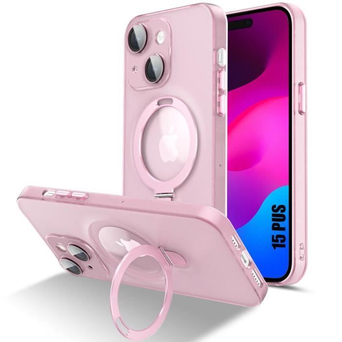 Coque pour iPhone 15 Plus - Protection Translucide Rose Antichoc avec Support Magnétique Rotatif et Protection Caméra