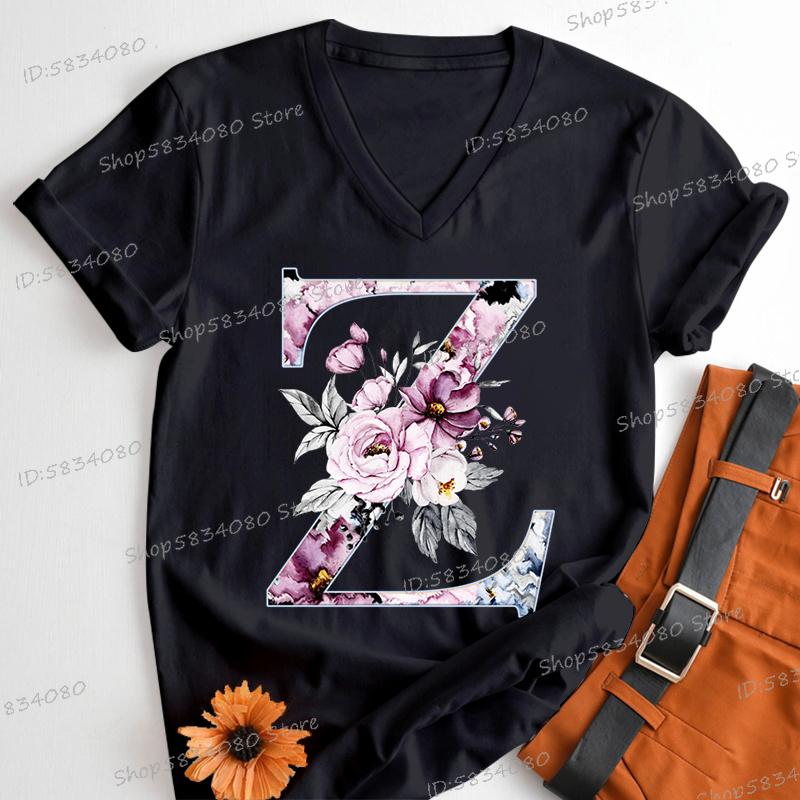 Womens Clothing AZ 26 Alphabet Flower Vintage Design Tshirts Retro Birthday Gift for Women Floral Letters A B C D Classic Top