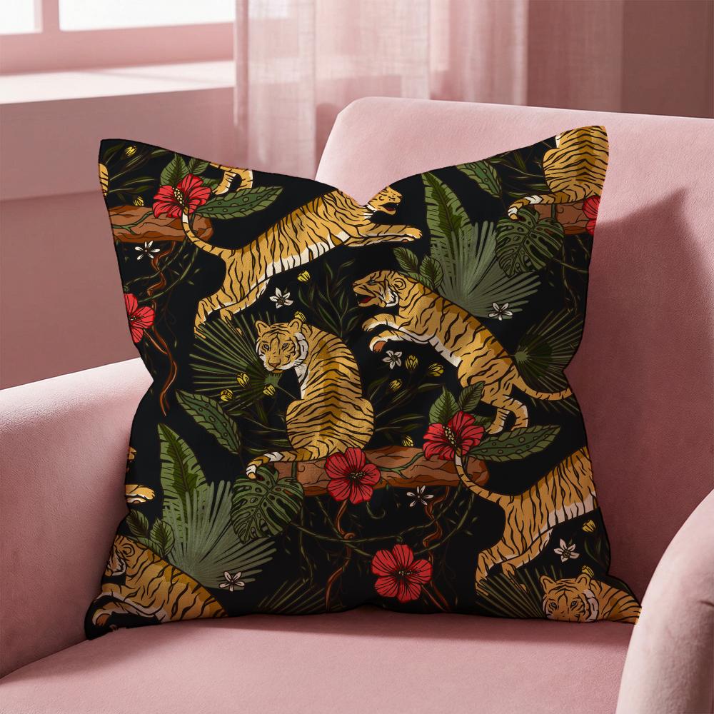 Tropical Tiger Pattern Cushion Cover Multi-Scene Pillow Cover for Home & Car - Reversible, Soft & Durable for Daily Use