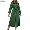 Women Casual Turn Down Collar Loose Long Sleeve Dress