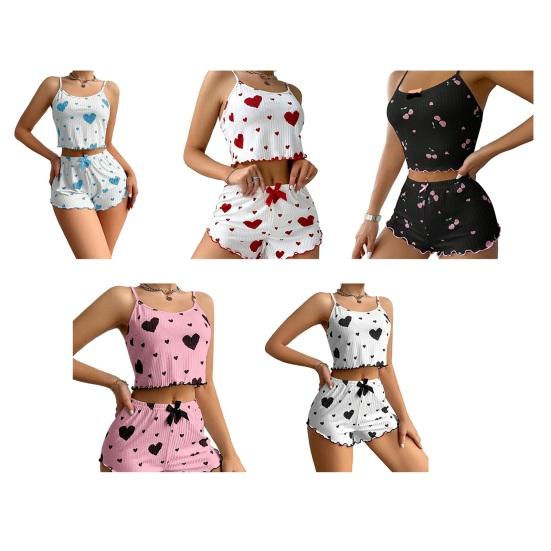 Women's Heart Print Ribbed Pajamas Set Crop Cami Tops And Shorts Cute Pjs