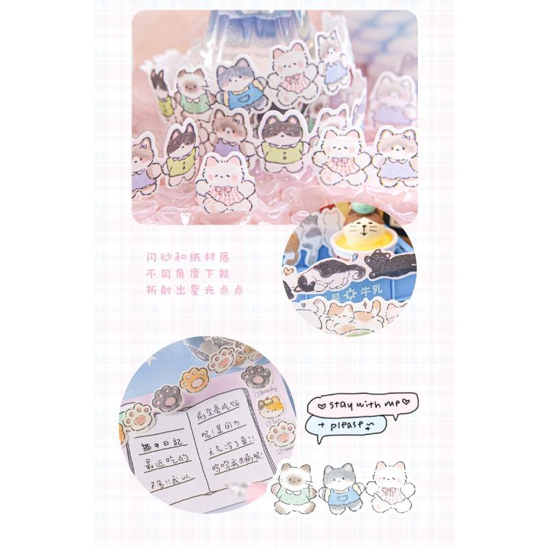 Cute Hand Drawn Cat Glitter Washi Special Shaped Tape For Diy Journal Decoration