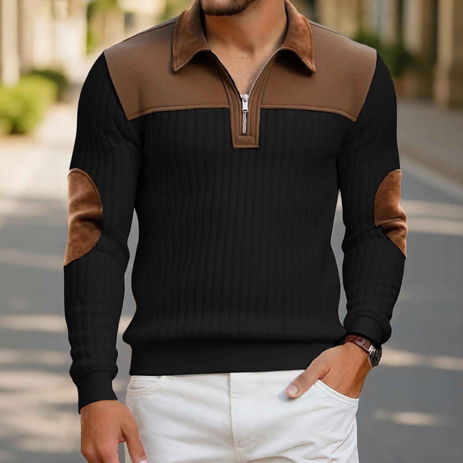 

Мужские повседневные толстовки из вельвета с молнией на четверть, воротником-стойкой, пуловеры с заплатками на локтях S чёрный