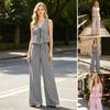 Women's Striped 2 Piece Outfits Tie Front Ruffle Tank Top And Wide Leg Pants Sets Summer Casual Sleeveless Lounge Sets