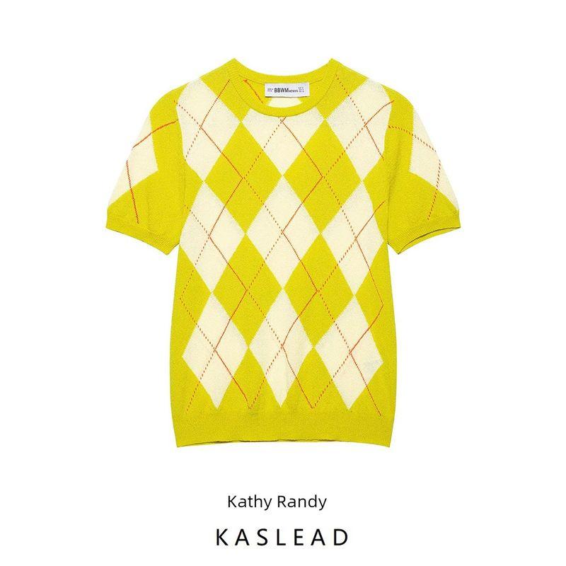 Kaslead New Arrival Women's Clothing Fashion Style Fashion Minimalist Diamond Pattern Knitting Tops 9598070