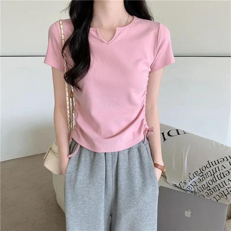 Damen T-Shirt mit V-Ausschnitt, seitlichem Tunnelzug, Cropped und Kurzarm