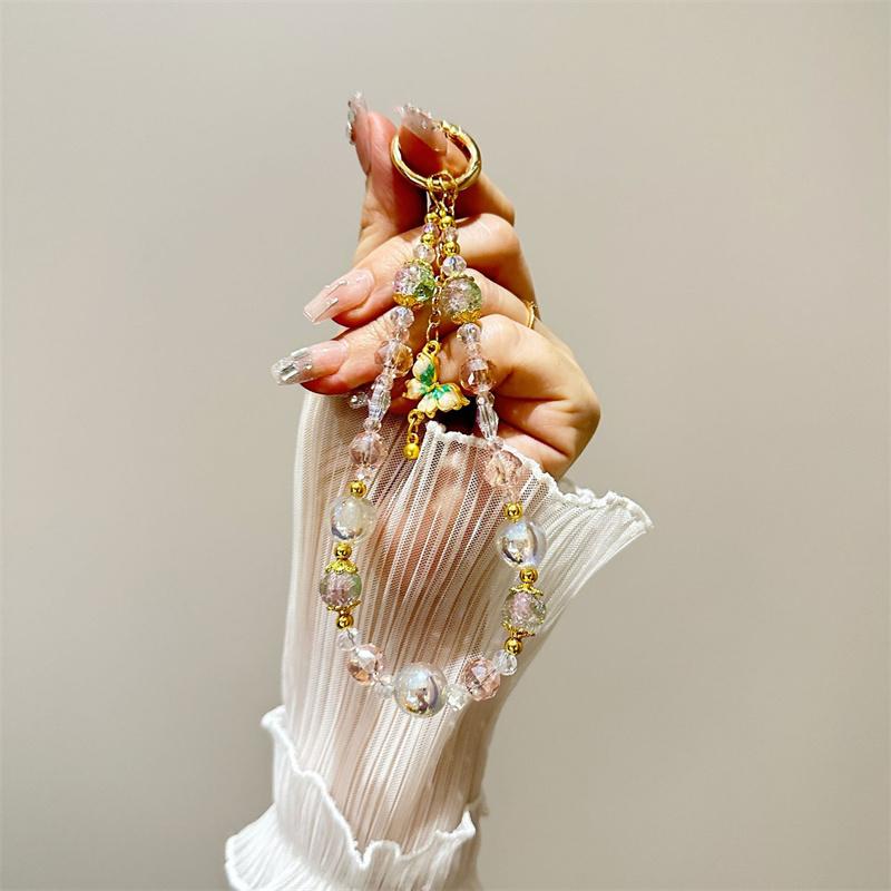 Bling Bling Beaded Mobile Phone Chain Universal Mobile Phone Anti Loss Lanyard Fashion Butterfly Phone Short Wrist Straps Gifts Chain
