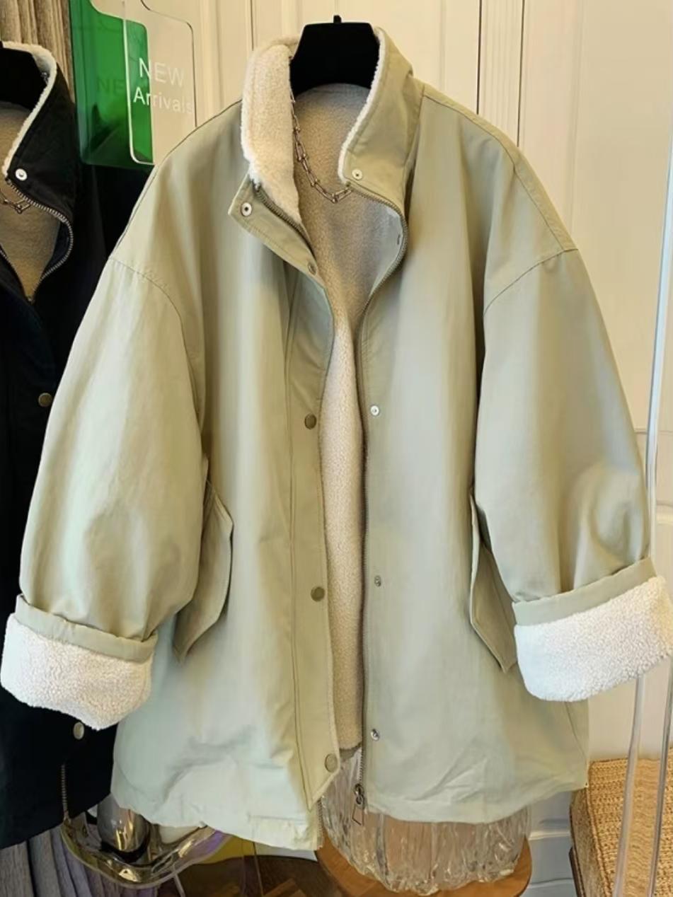 

Женское зимнее пальто из овечьей шерсти 2024 года с корейским воротником-стойкой - Свободный приталенный крой средней длины. Large