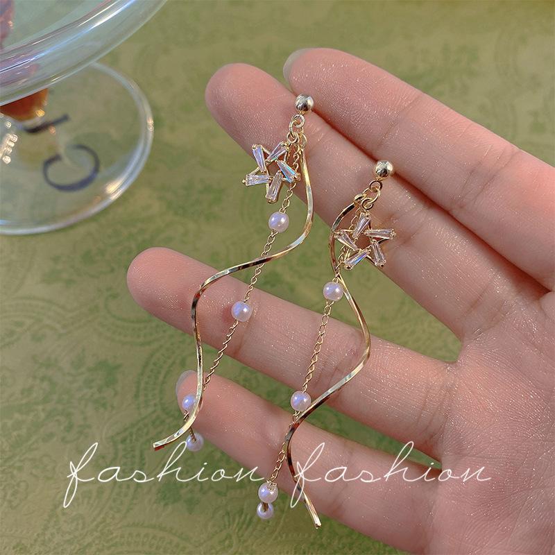 Fashion Exquisite Shining Zircon Star Drop Earrings For Women Gold Color Spiral Long Tassel Pearl Chain Earrings Wedding Jewelry
