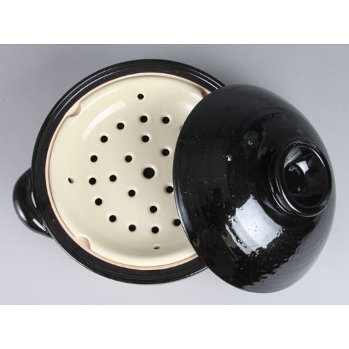 Nagatani-en Healthy Earthenware Steamer, Large, 31 cm, 3000 ml Capacity, Serves 3-5, Direct Heat Only, Black, Iga-yaki, Made in Japan, ZW-18