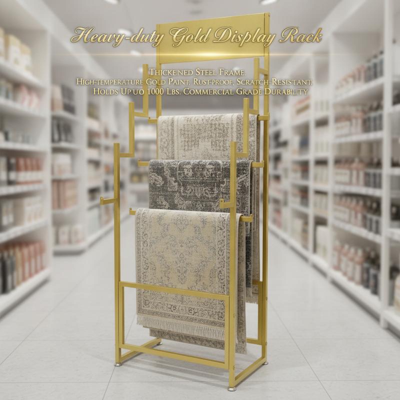 Carpet Display Rack Floor Standing, 4-Tier Golden Metal Rug Display Stand with Stepped Design, 100 lbs Capacity for Mats Scarves Belts Retail Store