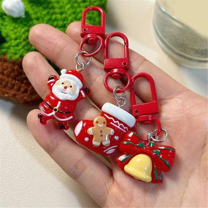 Festival Cartoon Christmas Keychain Set Holiday Party Favor Resin Keyring Gift Stocking Stuffer Accessories