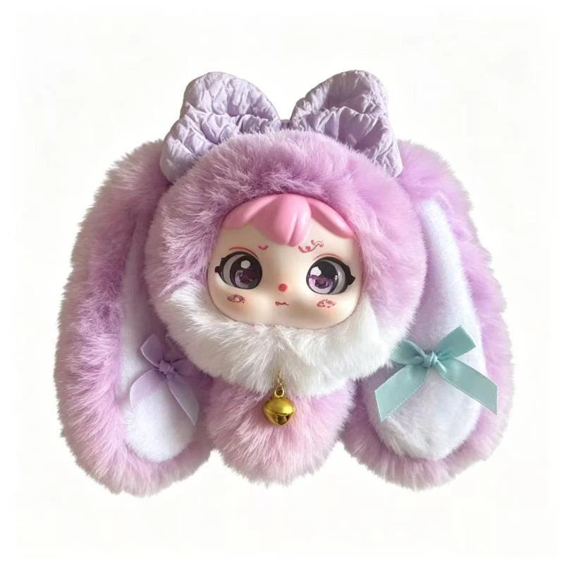 Soft Fluffy Long Eared Bunny Plush Toy Kawaii Face Bow Bell Perfect For Kids Gift Collection Desktop Decor