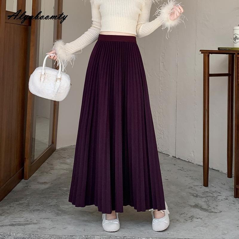 Elegant Fashion Autumn Winter Women Midi Skirt Elastic Waist Grey Black Purple Brown Navy Woolen Skirt Feminine Pleated Wool Warm Skirt