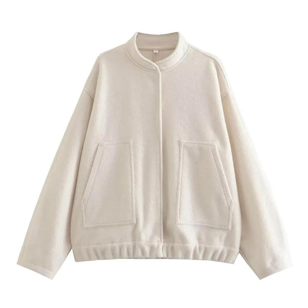 Woman's Oversized Bomber Jacket Autumn Round Neck Long Sleeve Pocket Hidden Button Loose Jackets Coat Female Outerwear