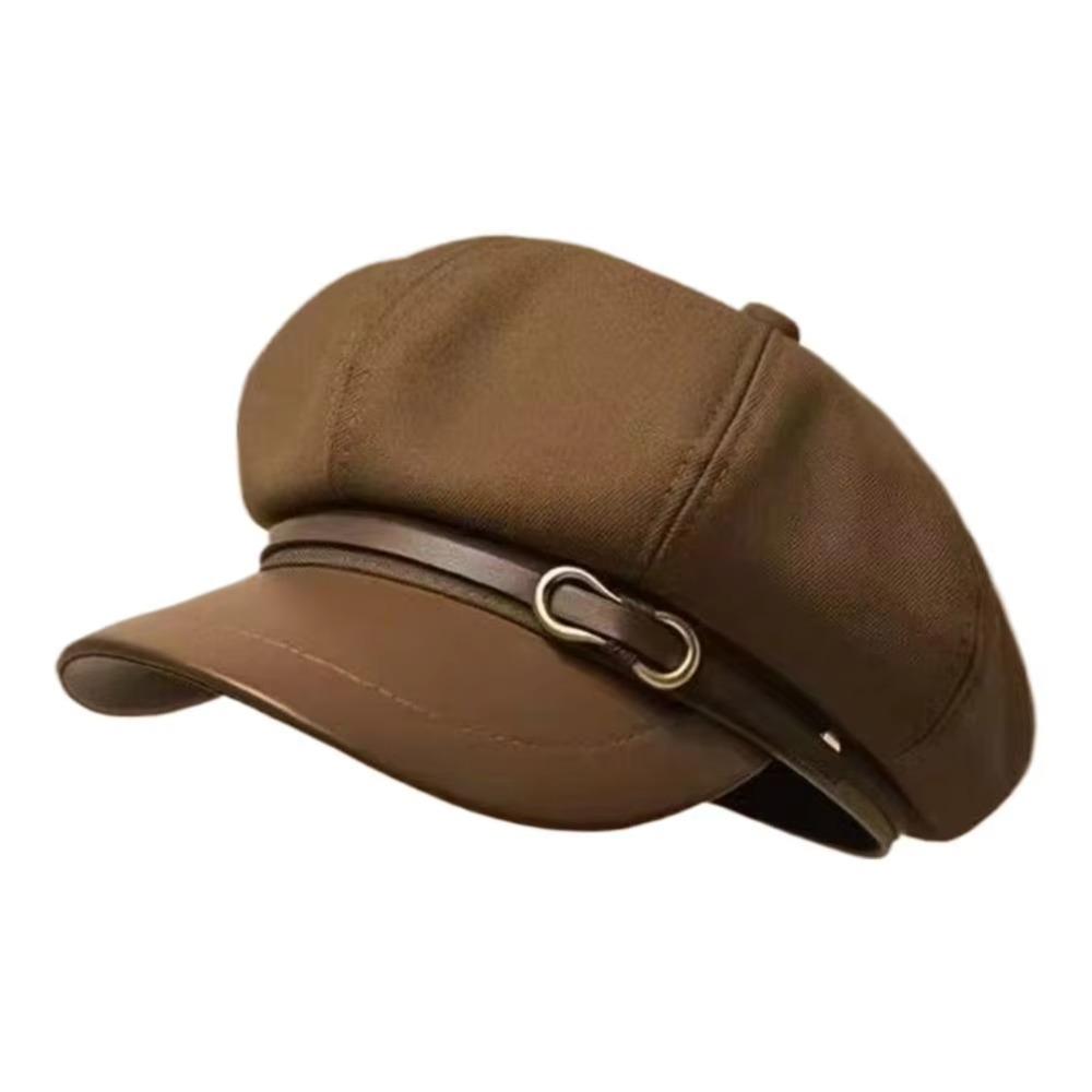 

PU Leather Newsboy Hat Octagonal Beret Hat Retro Newsboy Cap Big Head Circumference кавовий