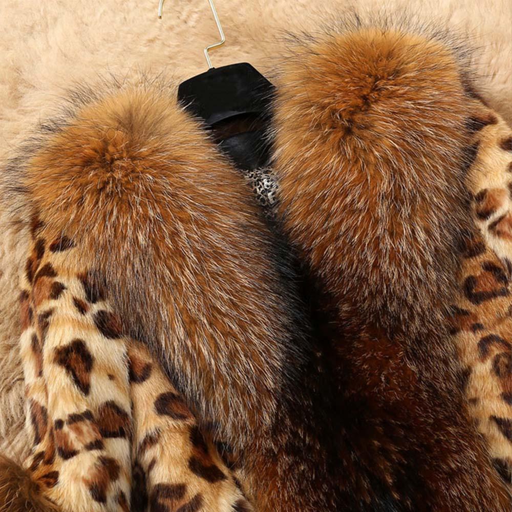 Autumn and Winter Imitation Fur Coat Women's Medium and Long Leopard Print Imitation Raccoon Fur Collar Thermal Coat Fur