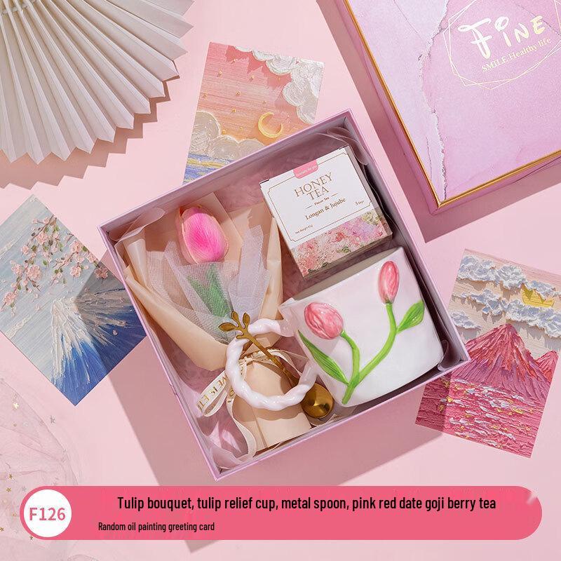 Women s Day Ceramic Mug Gift Set with Tea and Bouquet