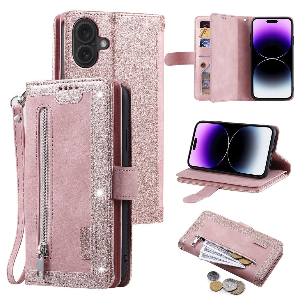 For iPhone 17 Case 9 Card Slots Zipper Wallet PU Leather Phone Cover with Wrist Strap