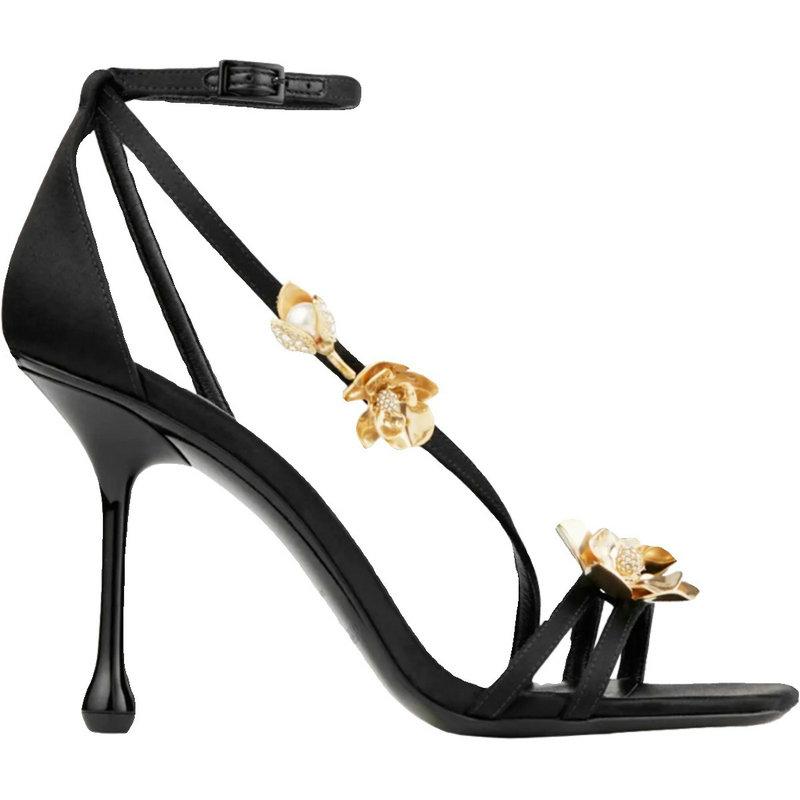 2025 Summer New Gold Flower Square Thin Heel Single Shoes With Sexy Open Toe Design Sense Women Sandals