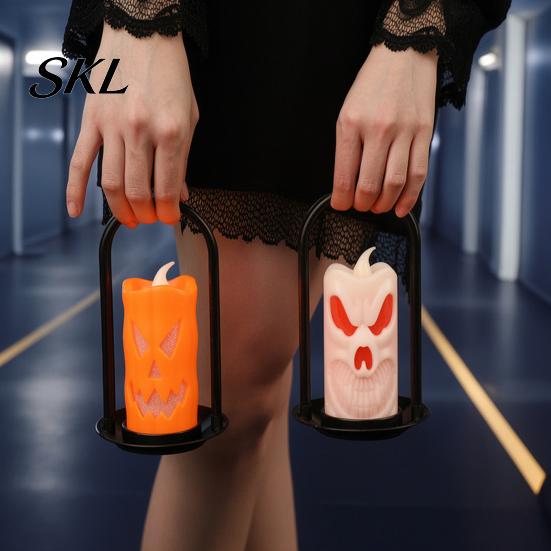 Halloween Party Lights LED Flameless Pillar Candles, Spooky Face Handheld Candle Light, Battery Ambiance Lighting Operated Flickering Fake Candles for