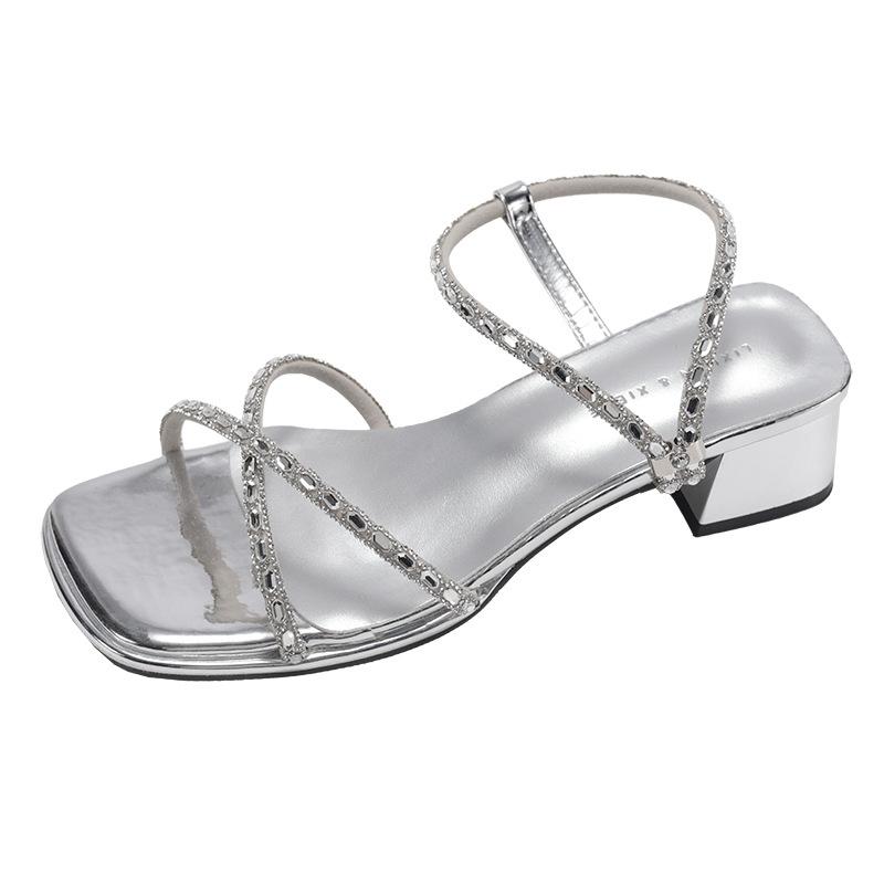 Silver High-end Thick High-heeled Sandals Women's 2025 New Summer Wear Heightening French Square Head Cool Slippers