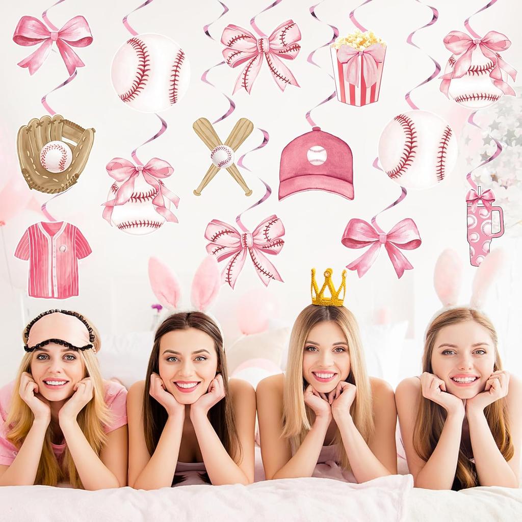 Funrous 22 Pcs Baseball Coquette Party Decoration Pink Bow and Baseball Hanging Swirl Spiral Ceiling Streamer Sport Theme Hanging Decor for Birthday