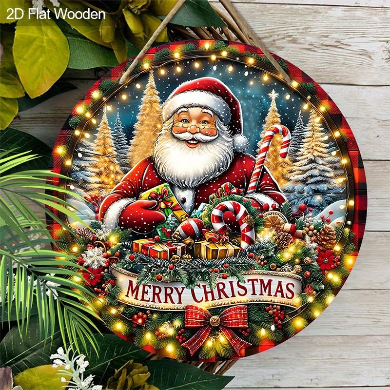 2D Flat, 1 PC Christmas Gift - Santa Holding Gift Box Round Wooden Ornament Decorative Sign & Plaque, “Merry Christmas”, Home Holiday Party Wall Art