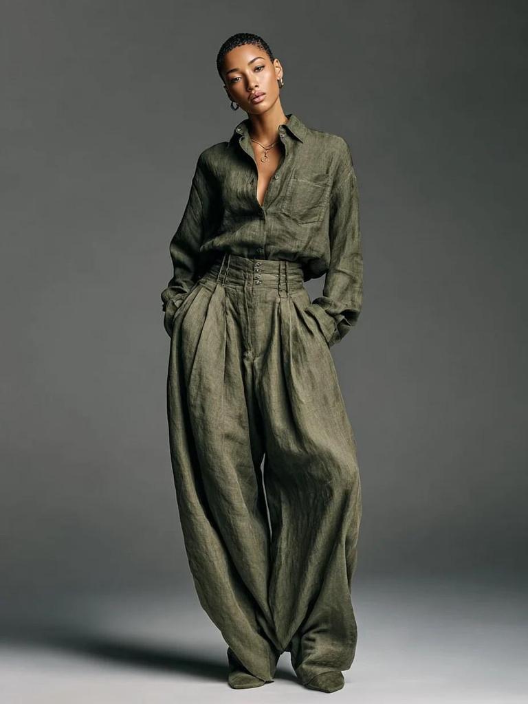 Euro-American Women's Retro Linen-Style Two-Piece Set: Long Sleeve Cardigan & Loose Pants 3057