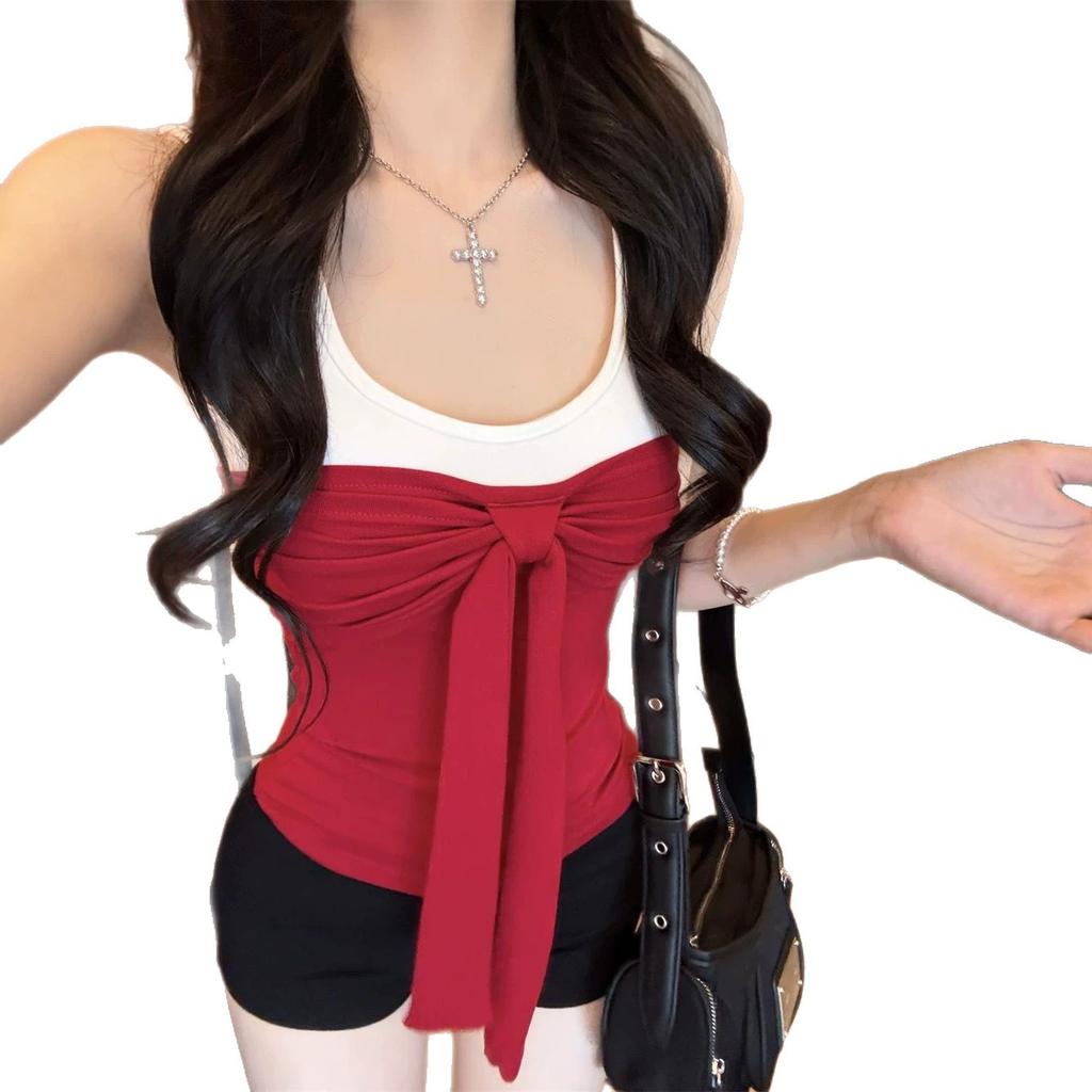 Hong Kong style with chest pad contrasting color bow sling small vest women's summer beauty back strap design sense top tide