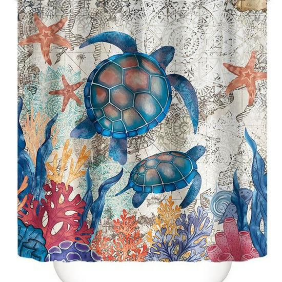 Coastal Marine Shower Curtain: Dolphin, Starfish, Seahorse, Seashell, Sea Turtle - Moisture-Proof, Mildew-Resistant, Waterproof, Beach Bathroom Décor