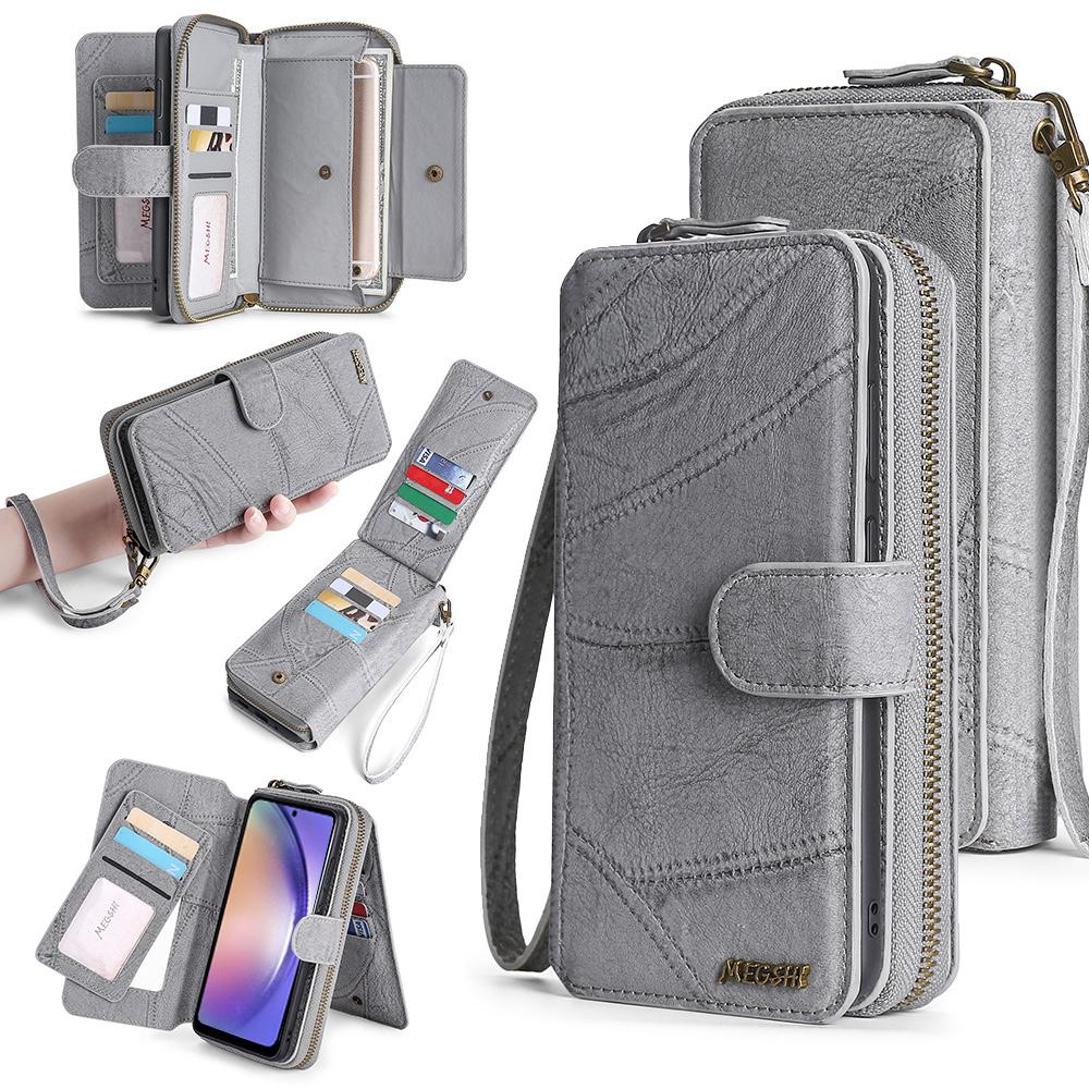 

MEGSHI 004 Series For Samsung Galaxy A14 4G/5G Zipper Wallet Case Detachable PU Leather Stand Phone Cover Grey
