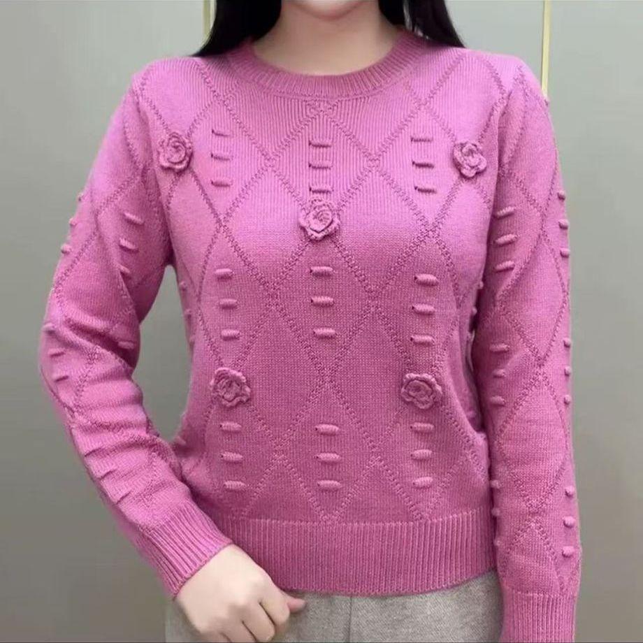 Spring and Autumn Women's Crew Neck Sweater Loose Solid Color 3D Flower Knit Pullover Short Sweater