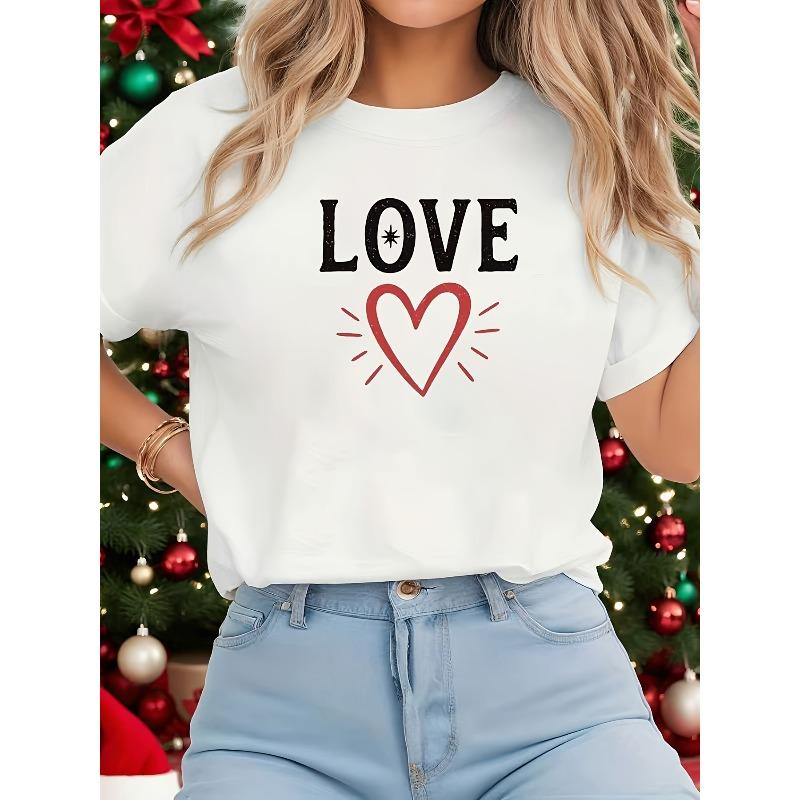 

Женская футболка с принтом сердца, Футболка ко Дню святого Валентина, Простая белая футболка с круглым вырезом и надписью LOVE Heart, Милый повседневный стиль, Белый топ S белый